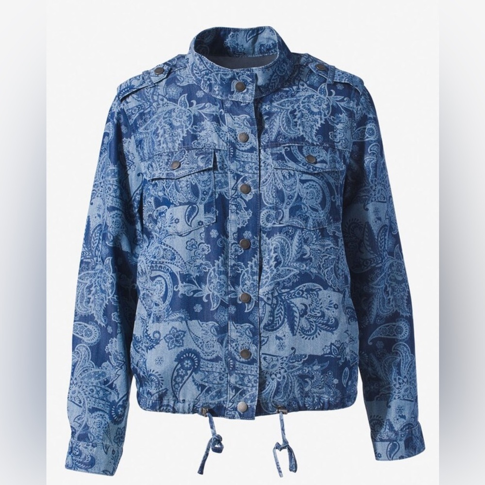 Chicos womens Patch Floral Chambray Utility Jacket size 0 nwot